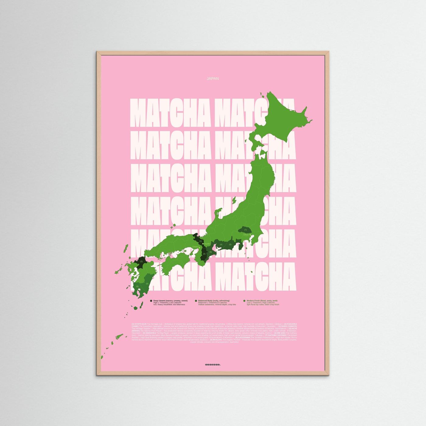 Matcha Regions Map in Pink & Green: Japan Tea Poster Wall Art | Infographic Map Design | Japanese Green Tea Fan Gift