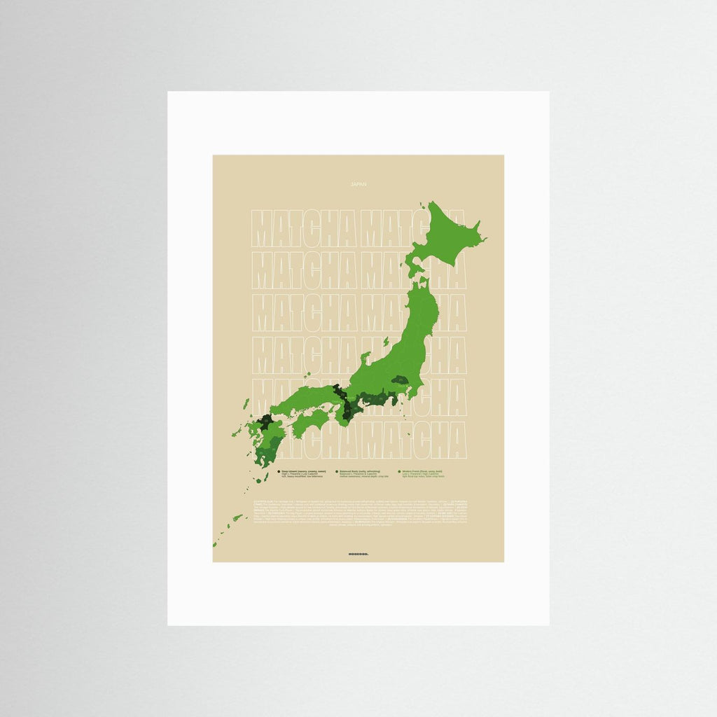 Matcha Regions Map in Beige & Green (outlined typo): Japan Wall Art | Educational Tea Poster | Matcha Lover Gift