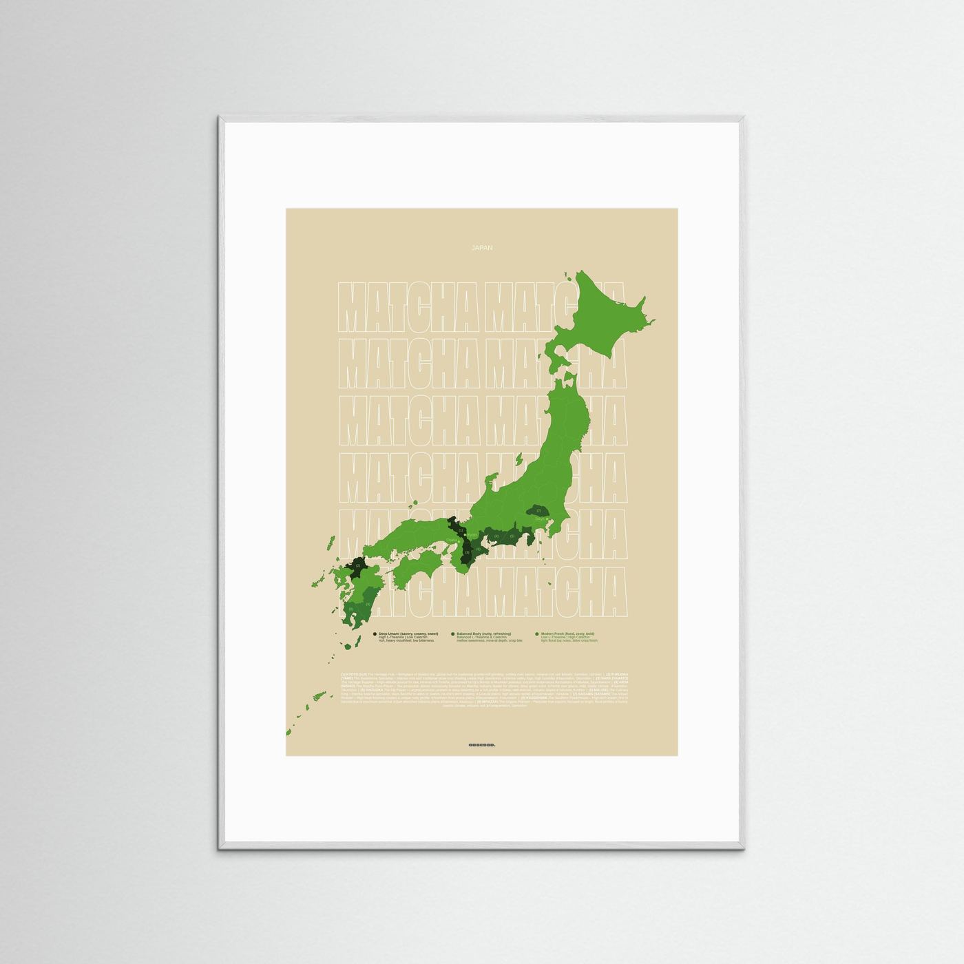 Matcha Regions Map in Beige & Green (outlined typo): Japan Wall Art | Educational Tea Poster | Matcha Lover Gift
