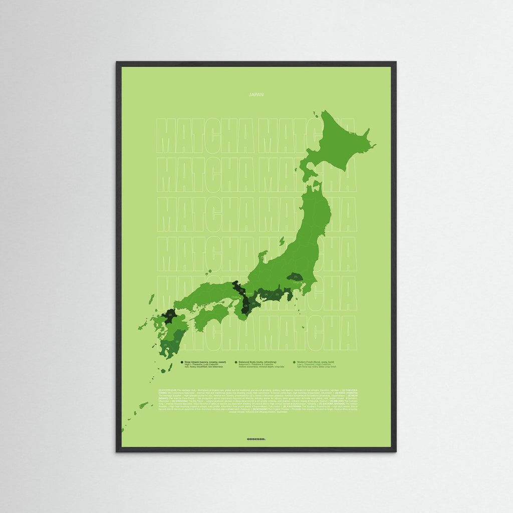Matcha Tea Regions Map in Green (outlined typo) | Japanese Tea Guide Poster Design | Educational Tea Infographic Wall Art 