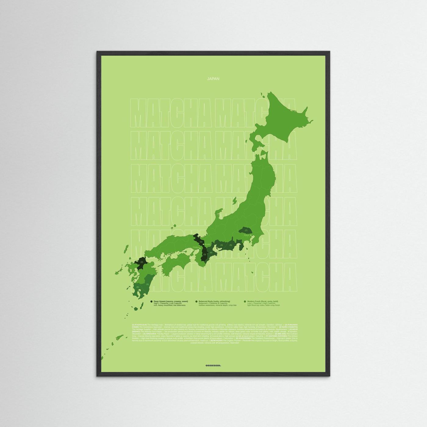 Matcha Tea Regions Map in Green (outlined typo) | Japanese Tea Guide Poster Design | Educational Tea Infographic Wall Art 