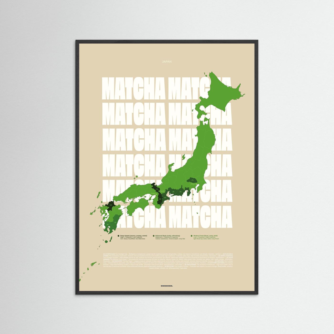 Matcha Regions Map in Beige & Green: Japan Poster | Tea Infographic Wall Art | Japanese Green Tea Lover Gift