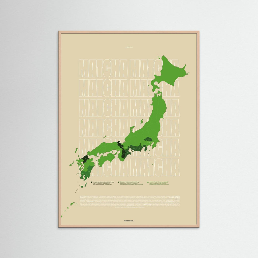 Matcha Regions Map in Beige & Green (outlined typo): Japan Wall Art | Educational Tea Poster | Matcha Lover Gift