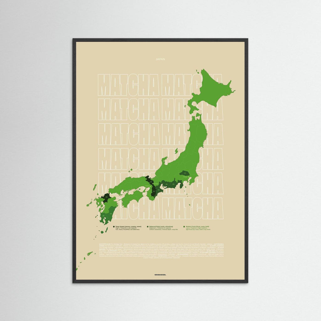 Matcha Regions Map in Beige & Green (outlined typo): Japan Wall Art | Educational Tea Poster | Matcha Lover Gift