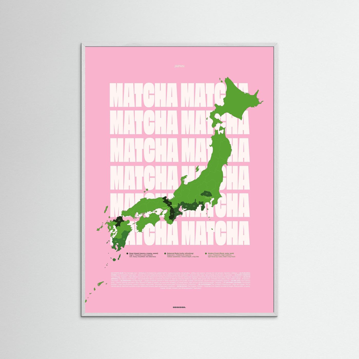 Matcha Regions Map in Pink & Green: Japan Tea Poster Wall Art | Infographic Map Design | Japanese Green Tea Fan Gift