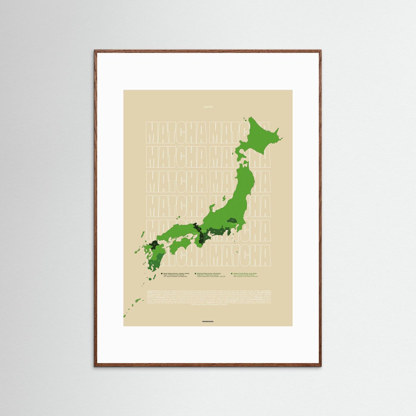 Matcha Regions Map in Beige & Green (outlined typo): Japan Wall Art | Educational Tea Poster | Matcha Lover Gift