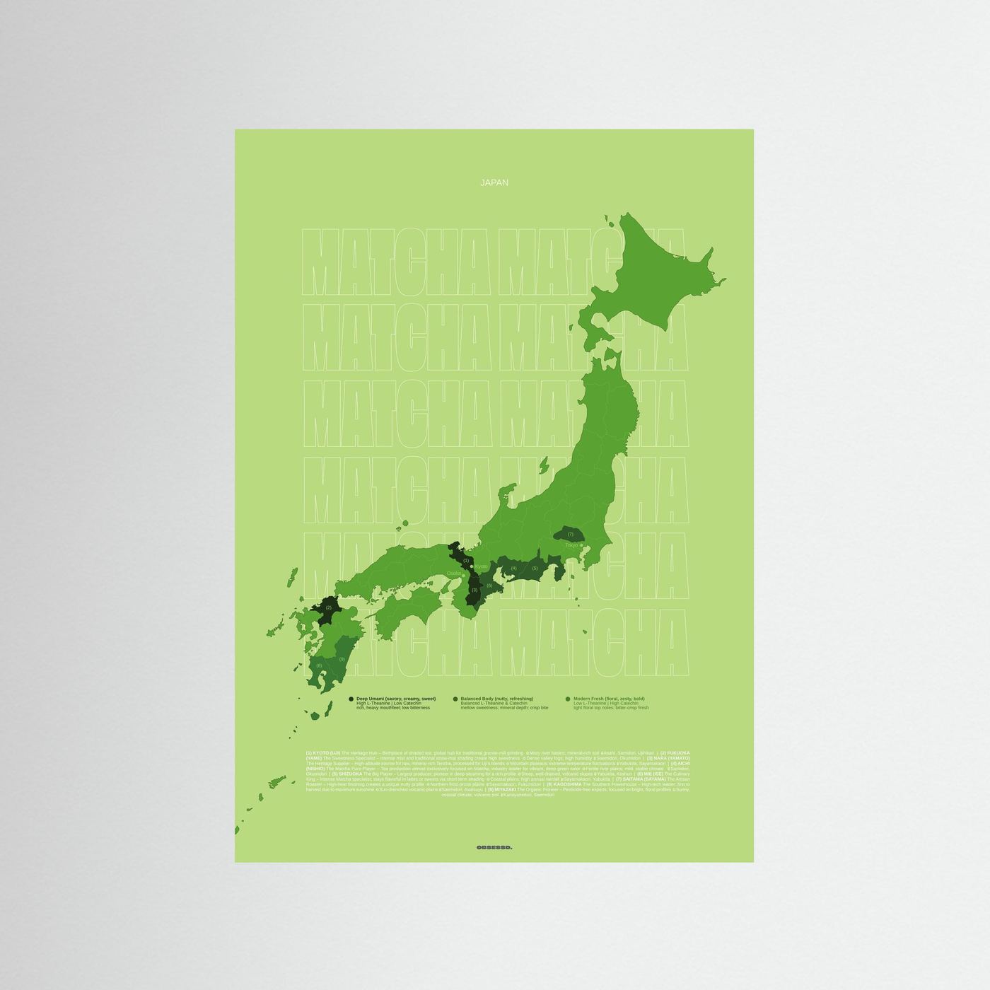 Matcha Tea Regions Map in Green (outlined typo) | Japanese Tea Guide Poster Design | Educational Tea Infographic Wall Art 