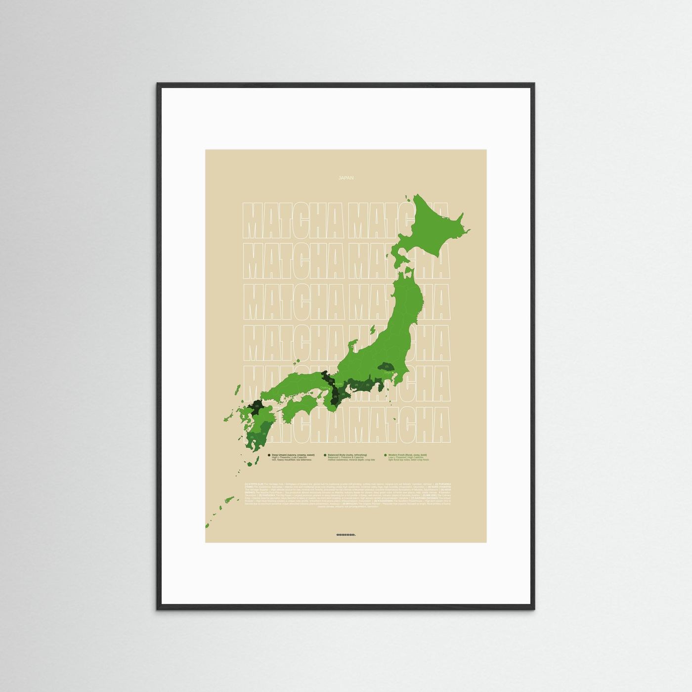 Matcha Regions Map in Beige & Green (outlined typo): Japan Wall Art | Educational Tea Poster | Matcha Lover Gift