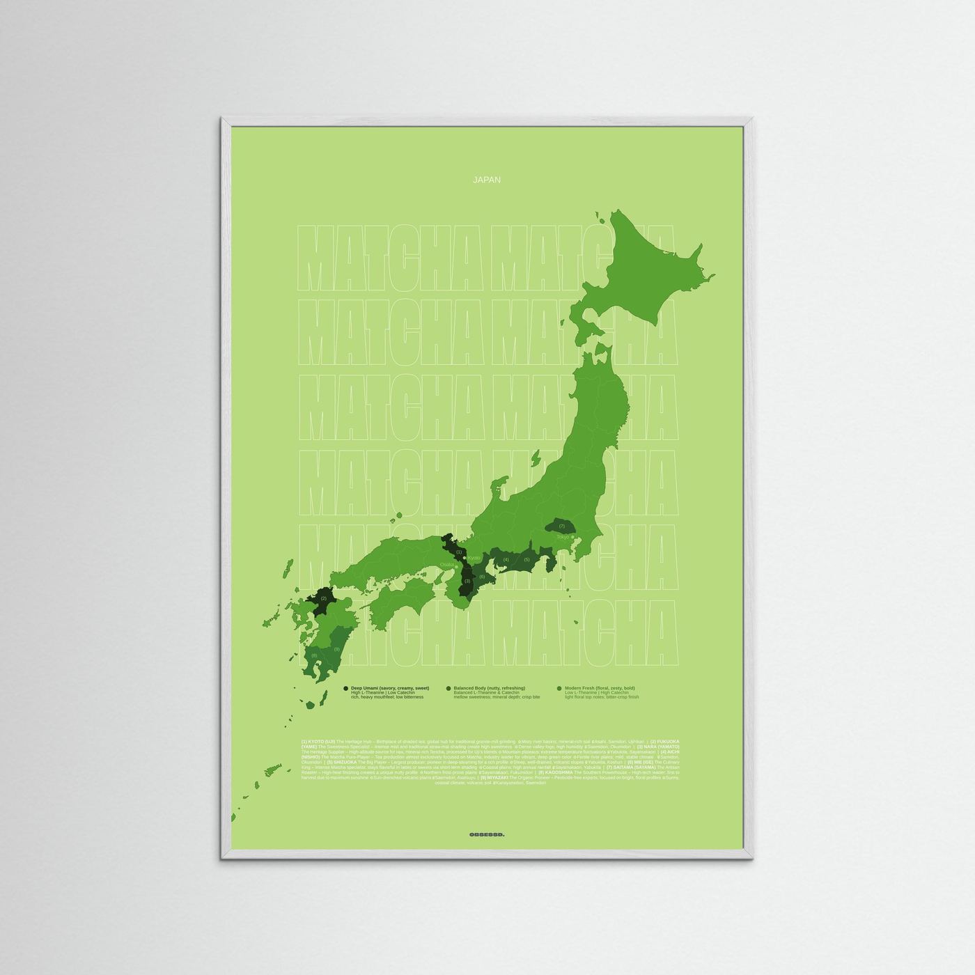 Matcha Tea Regions Map in Green (outlined typo) | Japanese Tea Guide Poster Design | Educational Tea Infographic Wall Art 