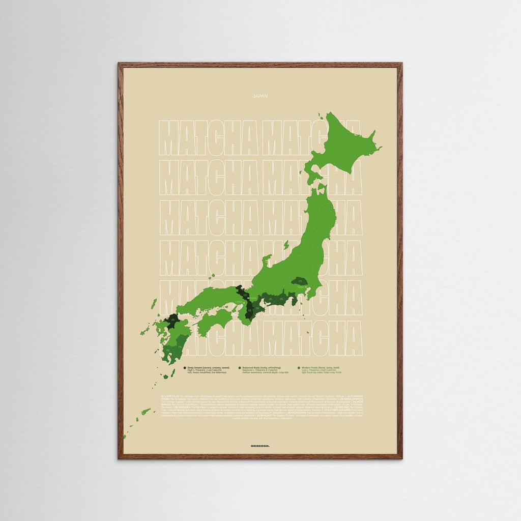 Matcha Regions Map in Beige & Green (outlined typo): Japan Wall Art | Educational Tea Poster | Matcha Lover Gift