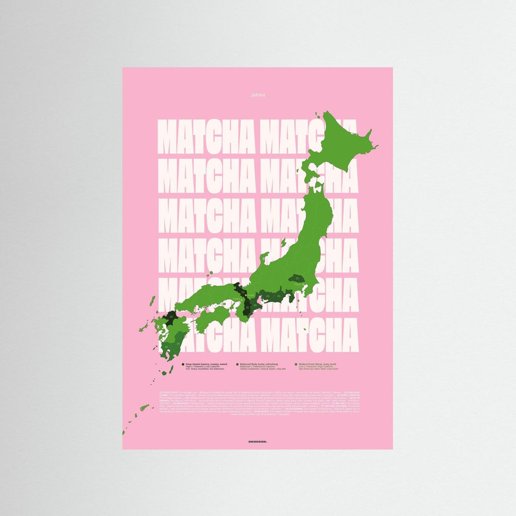 Matcha Regions Map in Pink & Green: Japan Tea Poster Wall Art | Infographic Map Design | Japanese Green Tea Fan Gift