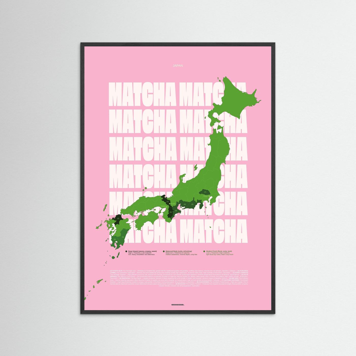 Matcha Regions Map in Pink & Green: Japan Tea Poster Wall Art | Infographic Map Design | Japanese Green Tea Fan Gift