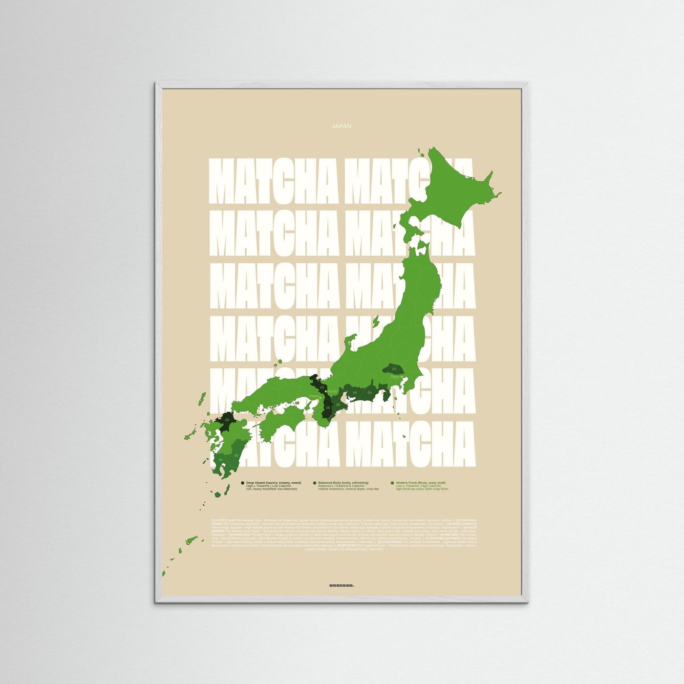 Matcha Regions Map in Beige & Green: Japan Poster | Tea Infographic Wall Art | Japanese Green Tea Lover Gift
