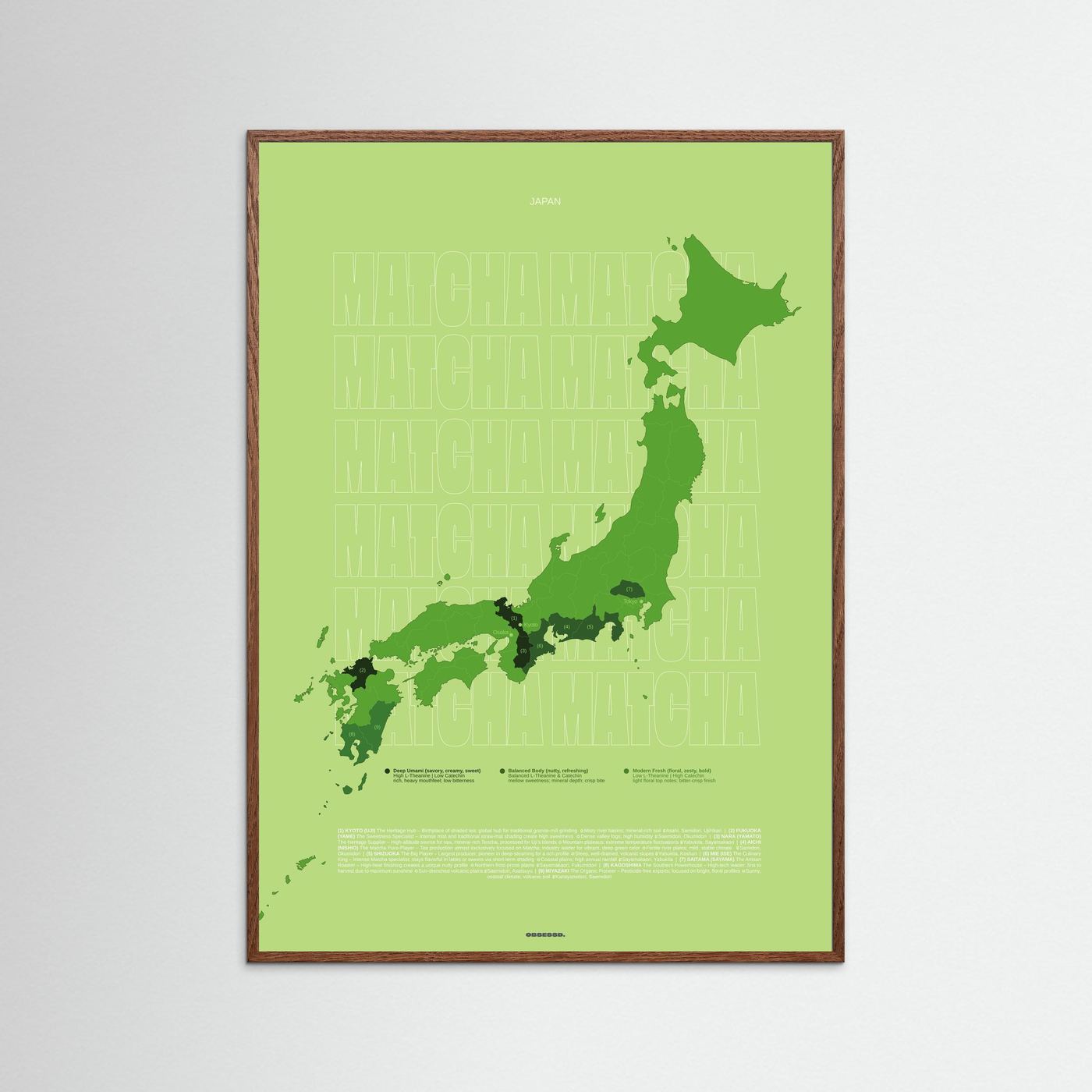 Matcha Tea Regions Map in Green (outlined typo) | Japanese Tea Guide Poster Design | Educational Tea Infographic Wall Art 